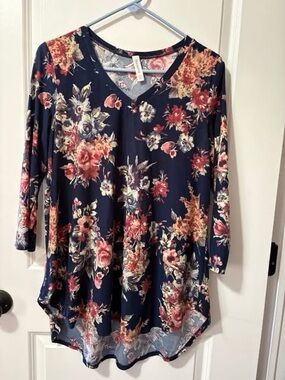 Floral V-Neck Swing Top - Navy with Pink & Cream Blooms